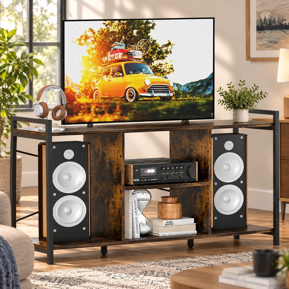 Airfind TV Stand for 55 Inch TVs Industrial Entertainment Center, 200 lbs Capacity, Engineered Wood Metal Frame, 47 x 14 x 24 Footprint, Brown