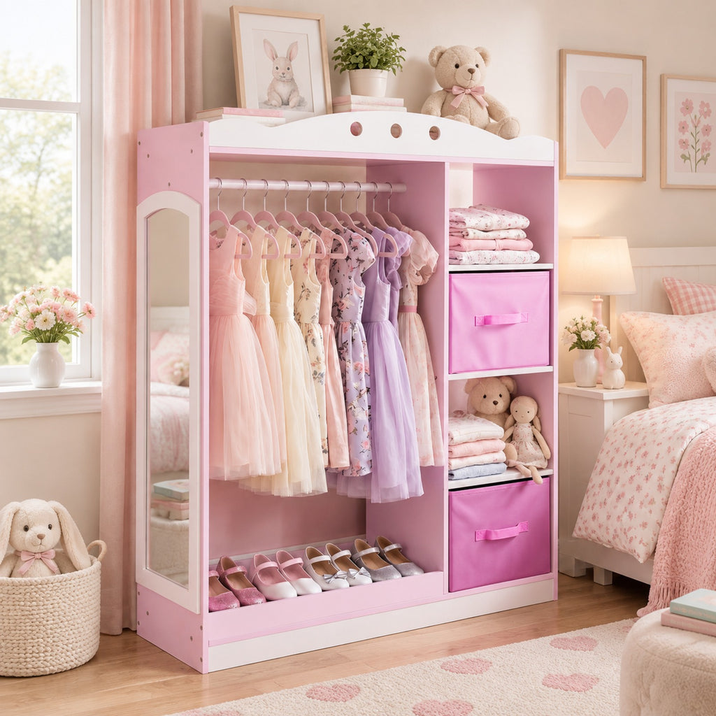 Airfind Kids Dress Up Storage with Full Length Mirror and Open Shelves, Engineered Wood Frame, for 3+ Years Old, 35.5in x 12in x 44in Footprint, Pink