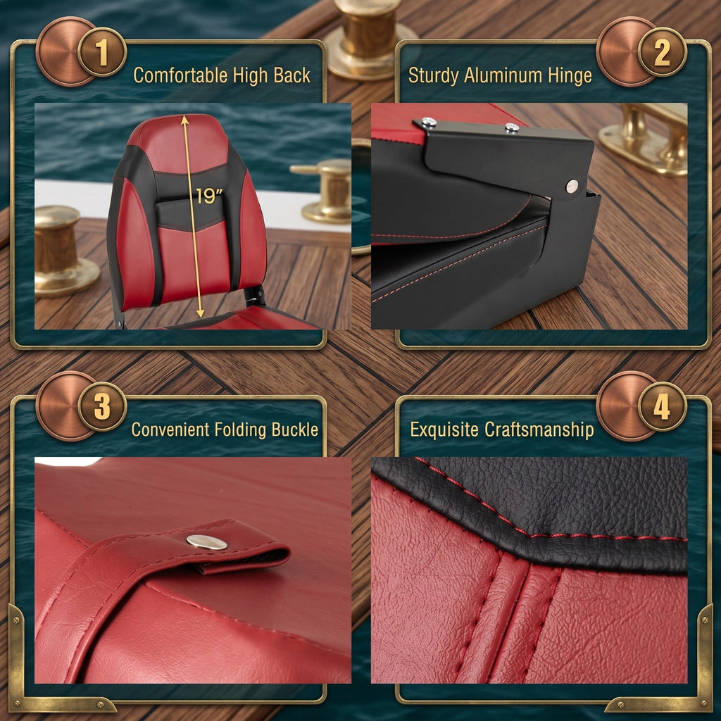 Airfind High Back Folding Boat Seat with Padded Sponge Cushion and Aluminum Hinges for Fishing and Pontoon Boats, Red and Black