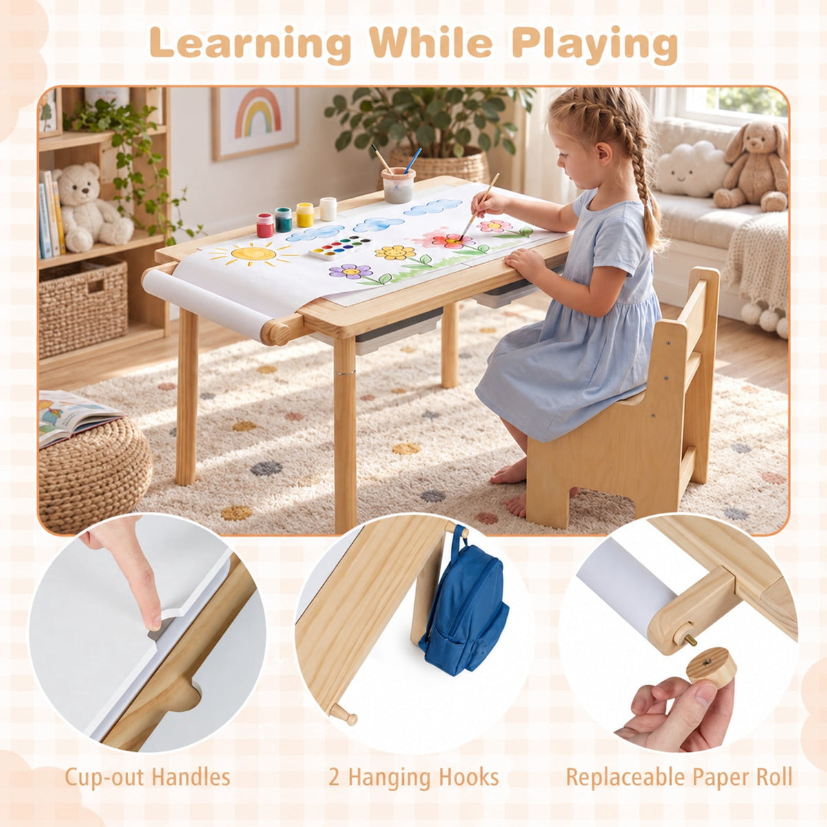 Airfind Kids Sensory Table Set with Adjustable Height and 2 Storage Bins, 165 lbs Capacity, Pine Wood Plywood Engineered Wood Frame, Natural