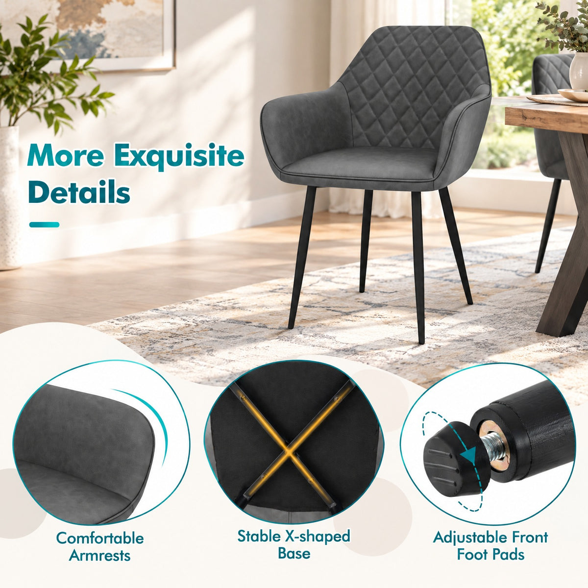 Airfind Leisure Dining Chair Set of 2 with Curved Backrest and Wide Seat, 330 lbs Capacity, Fabric Metal Frame, 23.5 x 21.5 x 33 Footprint, Gray