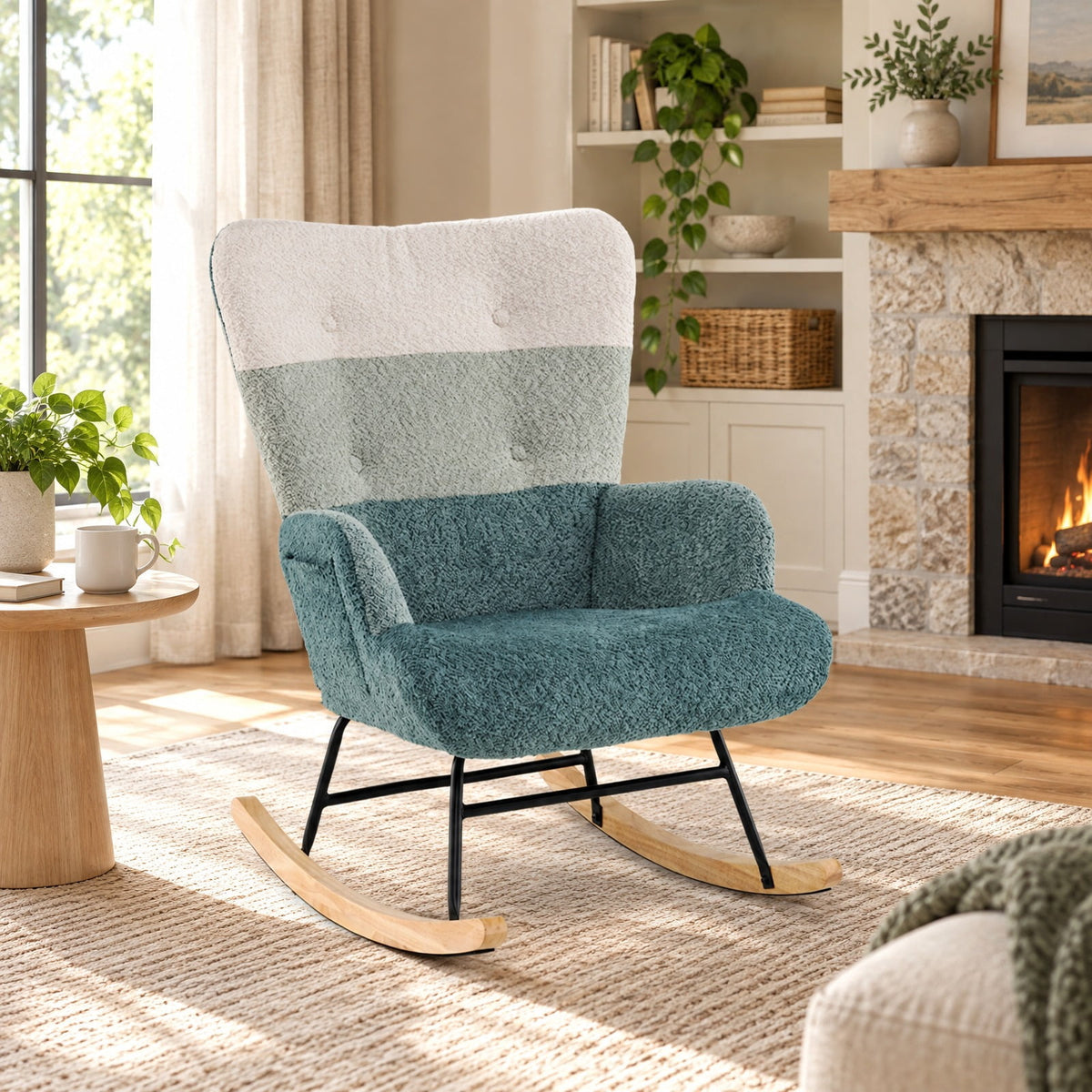Airfind Nursery Rocking Chair with Ergonomic Armrests and High Backrest, 250 lbs Capacity, Boucle Sponge Metal Plywood Rubber Wood Frame, Colorful