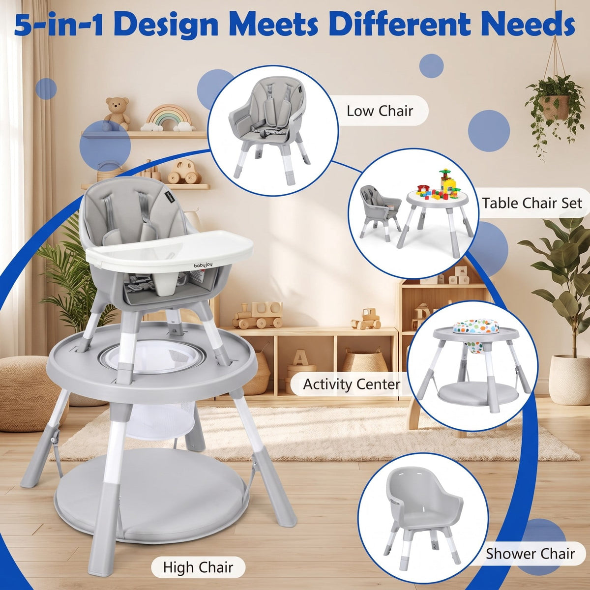 Airfind 5-in-1 Baby Highchair with Height Adjustable and 2-Tier Tray Storage Busket, Iron PP ABS Frame, 26 x 25 x 36.5 Footprint, Gray