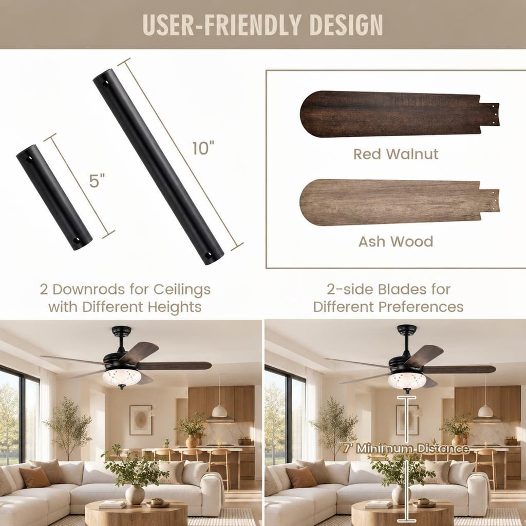 Airfind 52 Inches Ceiling Fan with Remote Control, Metal PC MDF Frame, Walnut, Make a retro addition to your home decoration