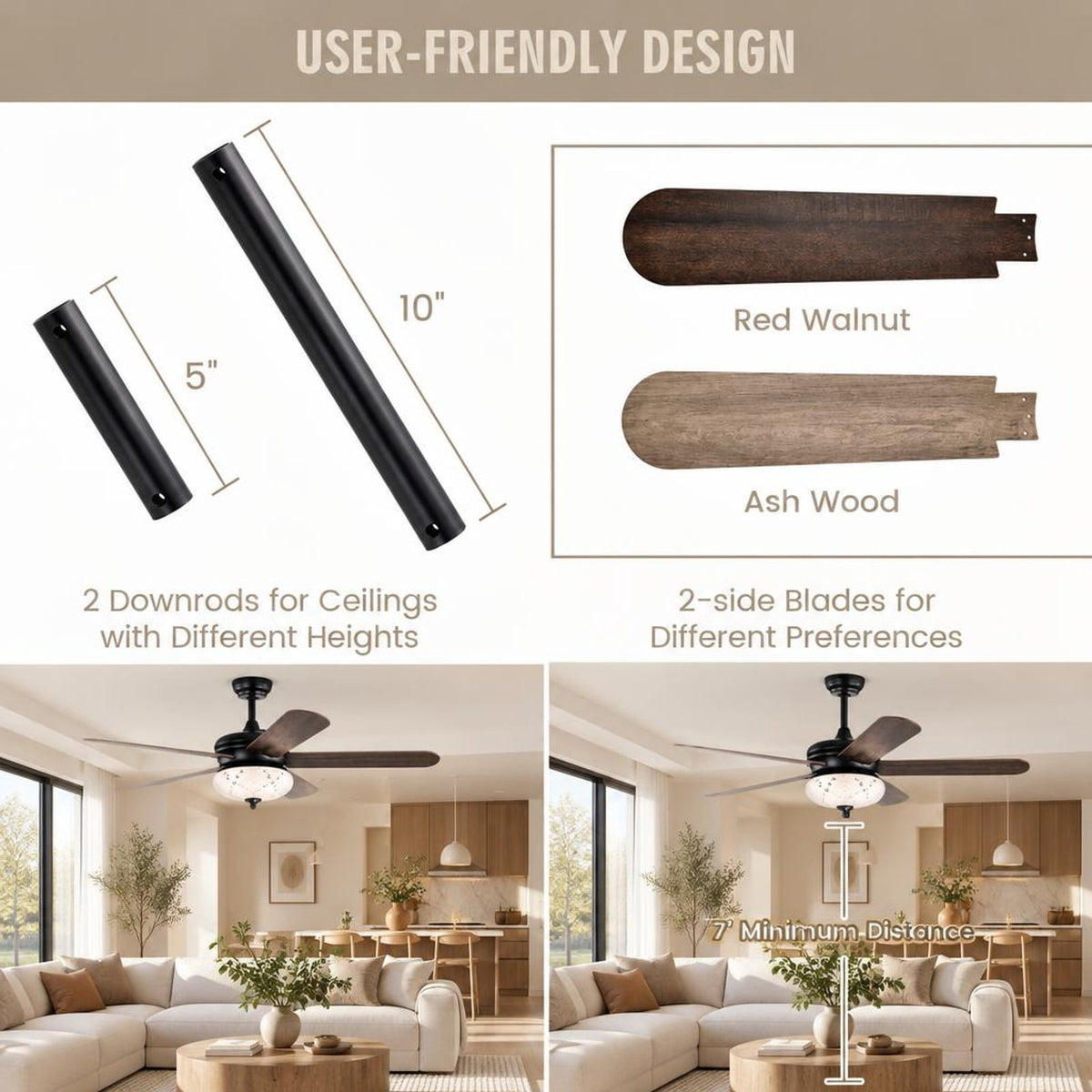 Airfind 52 Inches Ceiling Fan with Remote Control, Metal PC MDF Frame, Walnut, Make a retro addition to your home decoration