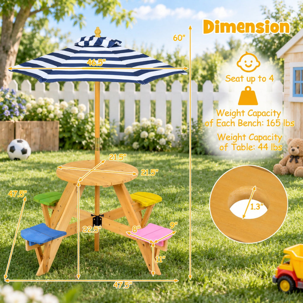 Airfind Kids Picnic Table with Stools and Foldable Adjustable Umbrella for Backyard and Patio, 165 lbs Capacity, Polyester Fabric Frame, Blue