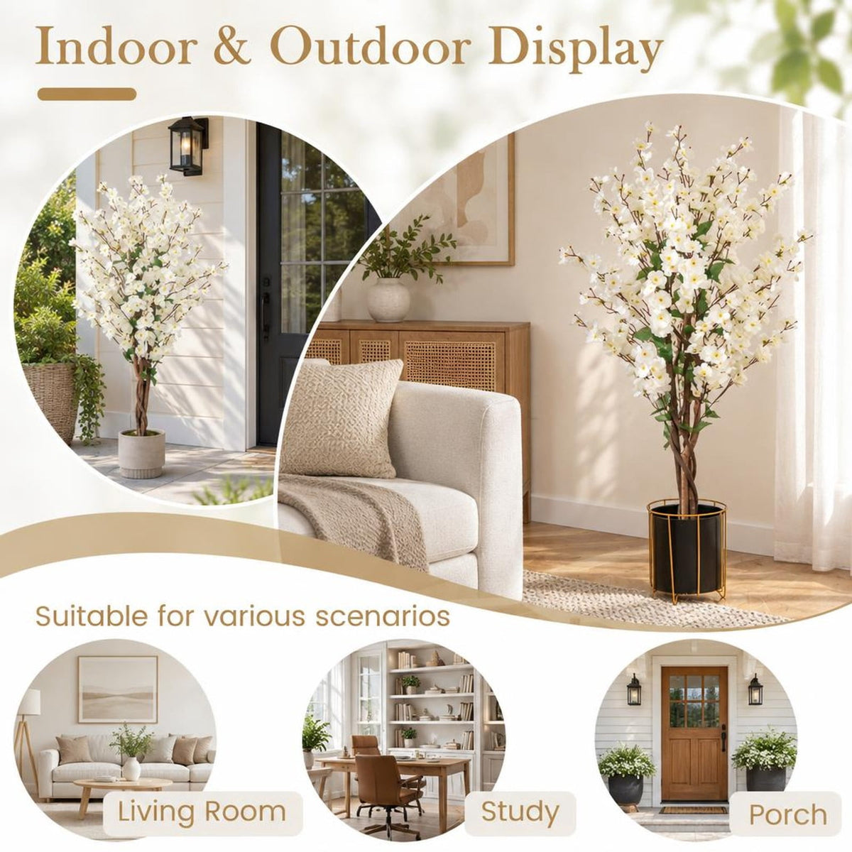 AIRFIND Artificial Plum Blossom Tree 47 in with White Fabric Flowers, Wood Trunk and Cement-Filled Pot for Home and Office Decor