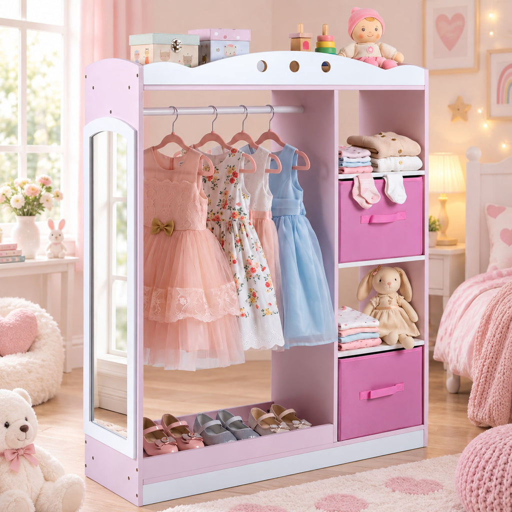 Airfind Kids Dress Up Storage with Full Length Mirror and Open Shelves, Engineered Wood Frame, for 3+ Years Old, 35.5in x 12in x 44in Footprint, Pink