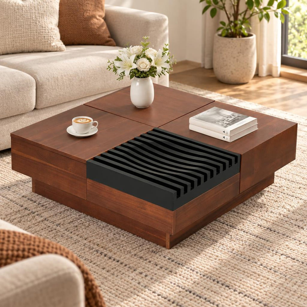 Airfind 32 Square Color-blocking Design Coffee Table with Storage Tray for Living Room, 165 lbs Capacity, Engineered Wood Frame, Walnut