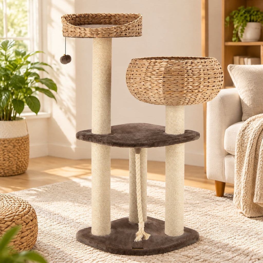 Airfind 41 Inch Rattan Cat Tree with Napping Perch, Water hyacinth straw sisal rope particle board Frame, Brown