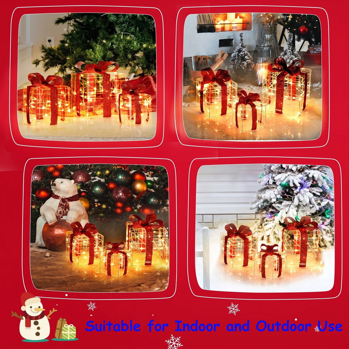 Airfind 3 Pieces Christmas Lighted Gift Boxes Decorations with 60 LED Lights for Indoor and Outdoor, PVC Steel fabric Frame, As picture shows