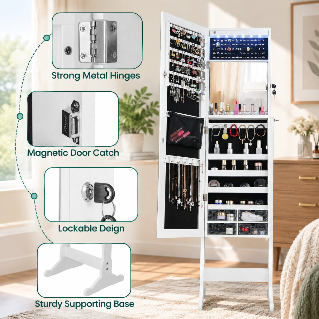 Airfind Free Standing Full Length Jewelry Armoire with LED Lights, P2 MDF Glass Plastic Acrylic Frame, 101in x 72in x 72in Footprint, White