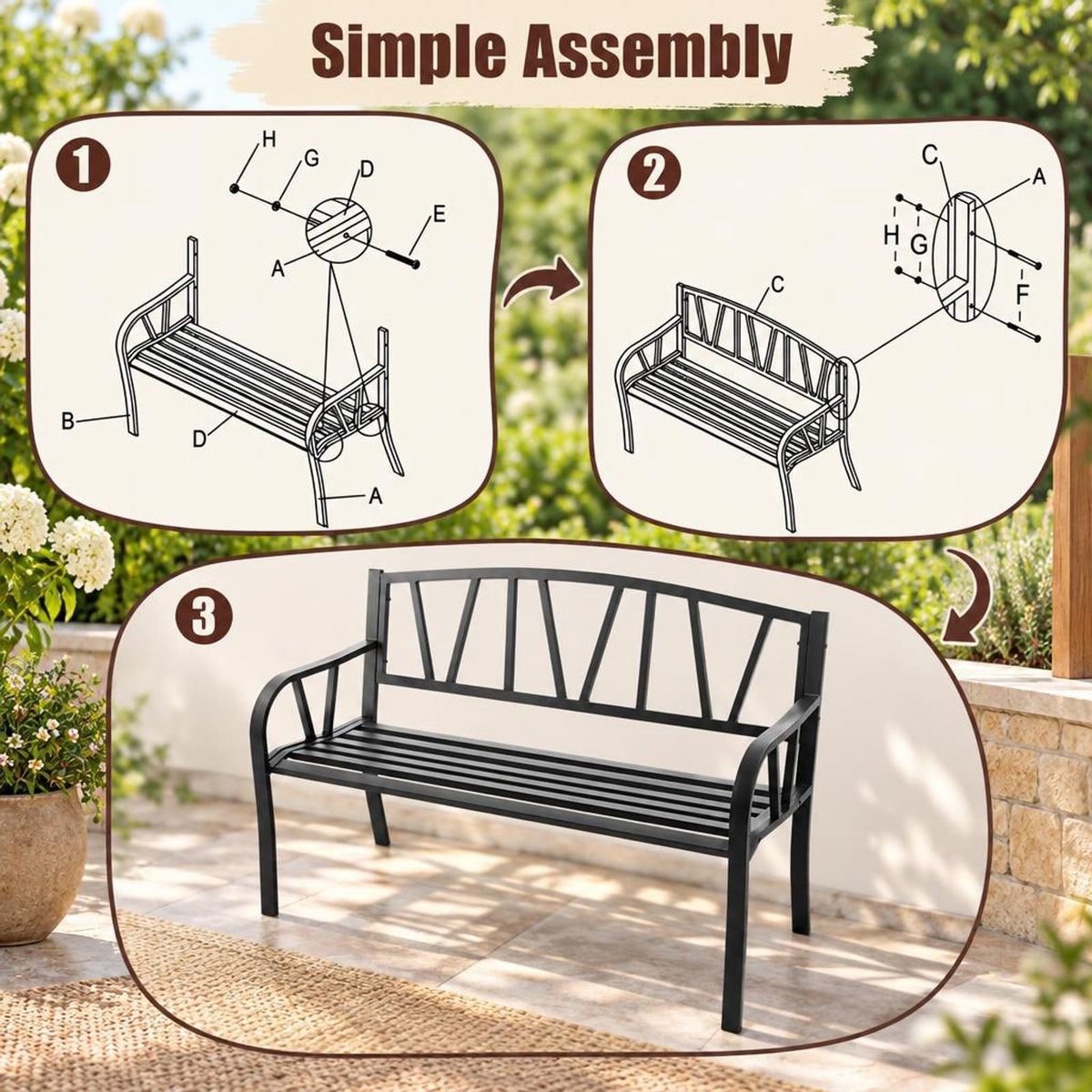 Airfind Patio Garden Bench with Metal Frame and Slatted Seat, 660 lbs Capacity, Metal Frame, Black, Slatted design for water drainage