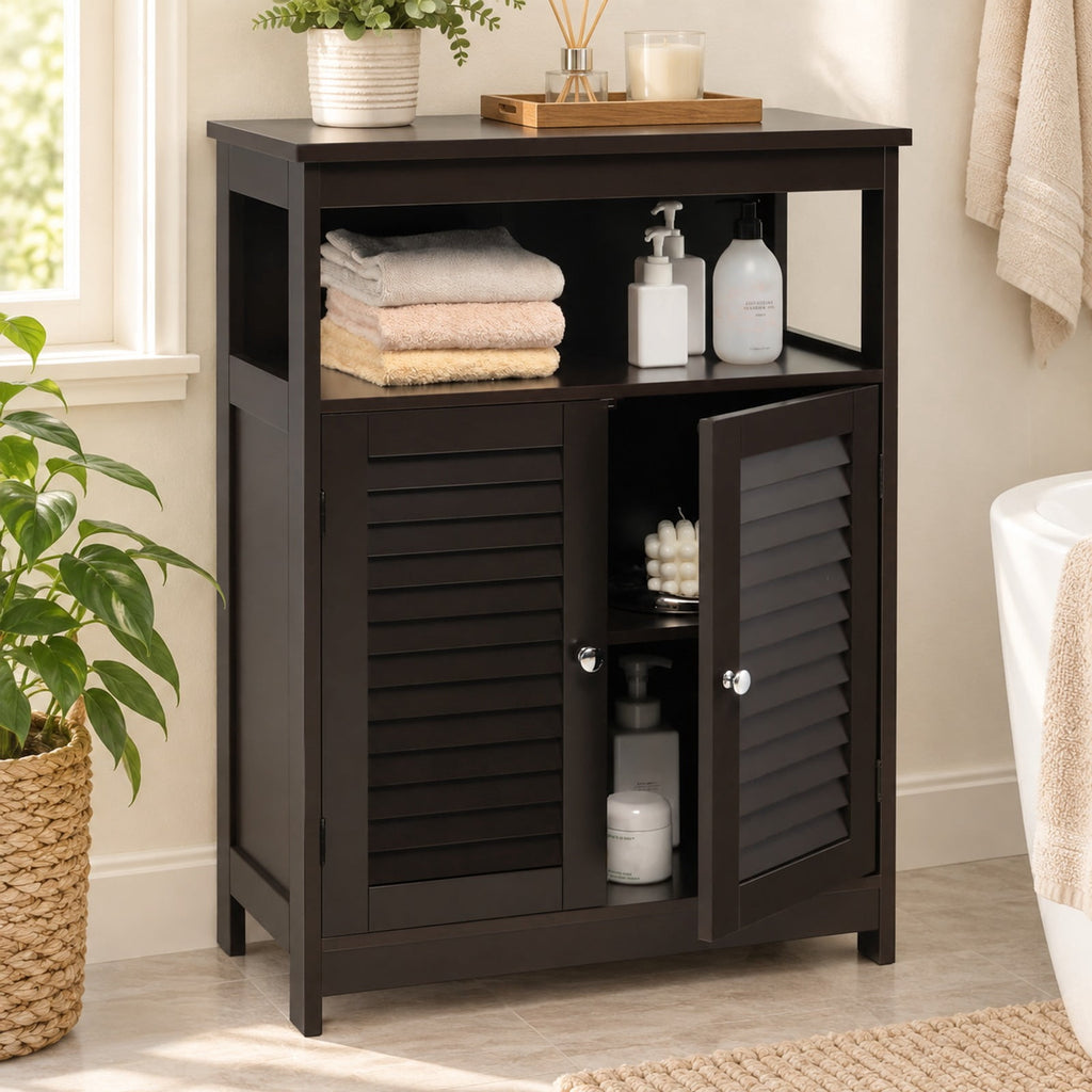 Airfind Wood Freestanding Bathroom Storage Cabinet with Double Shutter Door, 77 lbs Capacity, P2 MDF Frame, 23.5in x 12in x 31.5in Footprint, Brown