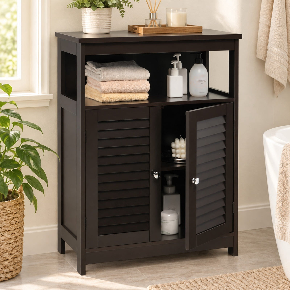 Airfind Wood Freestanding Bathroom Storage Cabinet with Double Shutter Door, 77 lbs Capacity, P2 MDF Frame, 23.5in x 12in x 31.5in Footprint, Brown