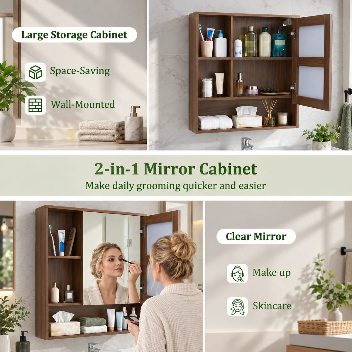 Airfind Wall-Mounted Mirror Cabinet with 2 Hidden Shelves and 3 Open Compartments, 22 lbs Capacity, Engineered Wood Frame, 22 x 6 x 24 Footprint