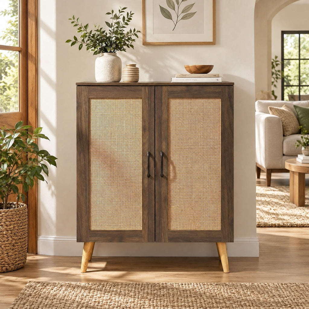 Airfind 5-Tier Rattan Shoe Cabinet with 3 Removable Shelves, 155 lbs Capacity, Engineered Wood Rattan Rubber Wood Frame, 29.5 x 14x 37 Footprint