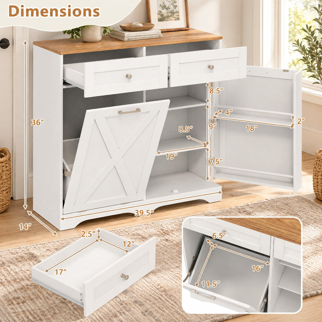 Airfind Tilt Out Trash Can Cabinet featuring Outlets and Adjustable Shelf, 100 lbs Countertop Capacity, MDF Engineered Wood Frame, White