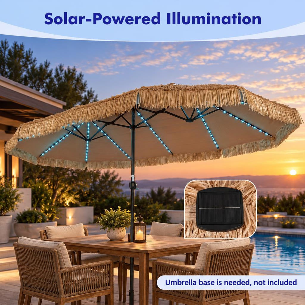 Airfind 15 x 9 FT Solar Double-sided Patio Umbrella with 144 Multi-colored Flowing Lights 12 Modes and 12 Ribs, Brown