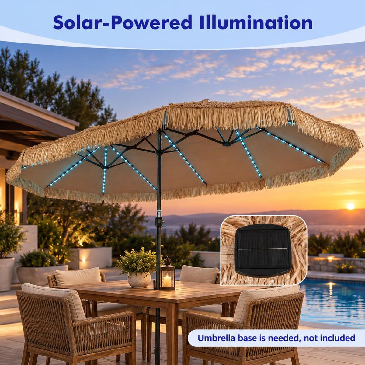 Airfind 15 x 9 FT Solar Double-sided Patio Umbrella with 144 Multi-colored Flowing Lights 12 Modes and 12 Ribs, Brown