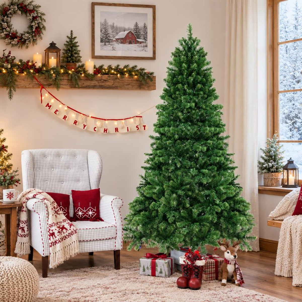 Airfind 6/7/8 Feet Hinged Christmas Tree with PVC Branch Tips Warm White LED Lights-7 ft, PVC Metal Frame, White