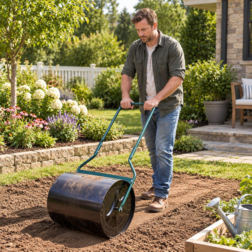 Airfind Lawn Roller 16 Gallon Water/Sand Filled Garden Drum Roller with Leak, Metal Frame, 21 x 16 x 44(L X W X H) Roller Footprint, Black