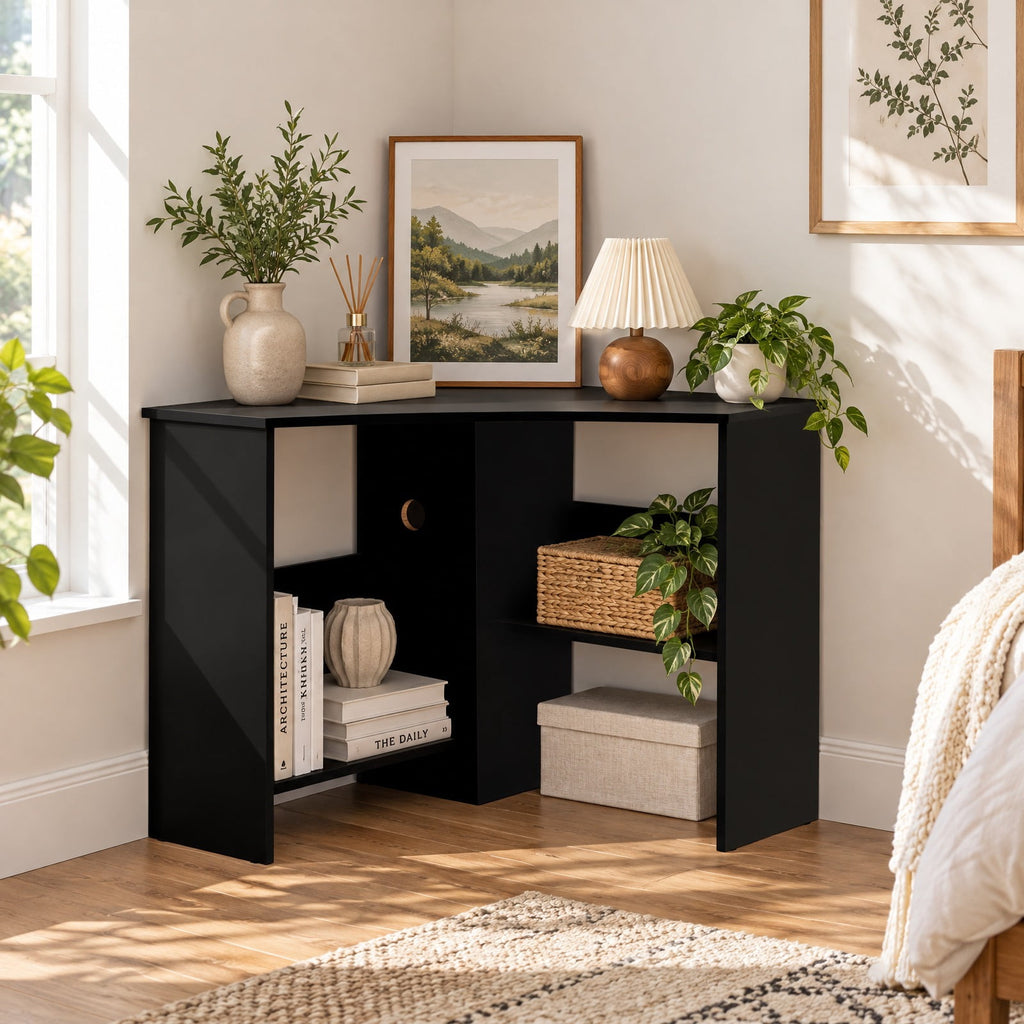 Airfind Corner Computer Desk Triangle Writing Workstation with Storage Shelf, 200 lbs Capacity, E0 engineered wood Frame, Black