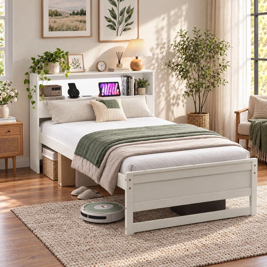 Airfind Twin Size Bed Frame with Storage Headboard and Charging Station, 200 lbs Capacity, Plywood Pine Wood MDF Engineered Wood Frame, White