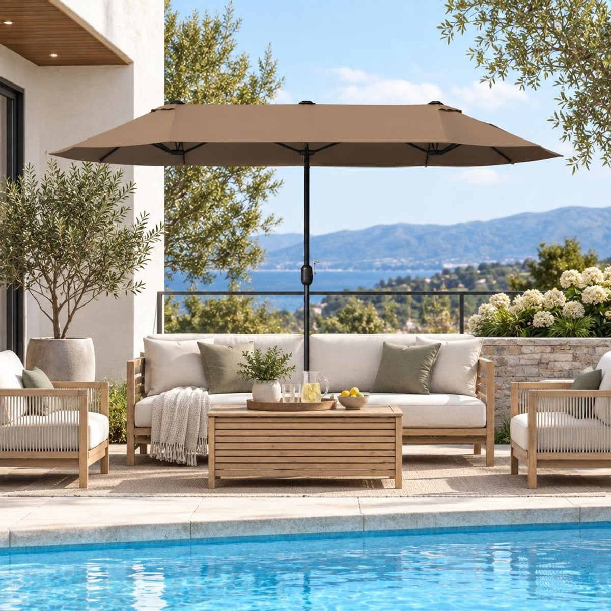 Airfind 13FT Double-sided Patio Twin Table Umbrella with Crank Handle, Metal 180g Yarn Dyed Fabric PA Coating Frame, Tan