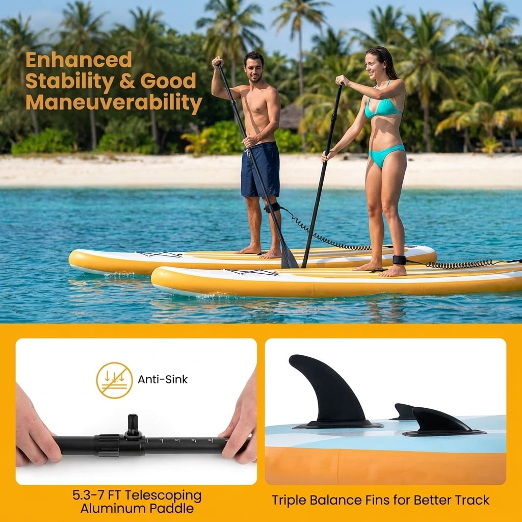 Airfind 10 FT Inflatable Stand-Up Paddle Board Set for Adults Youth ¡ª Drop-Stitch Core, 500D PVC Shell, 3 Fins, Adjustable Paddle, Pump, Backpack Leash Included (Blue and Yellow)
