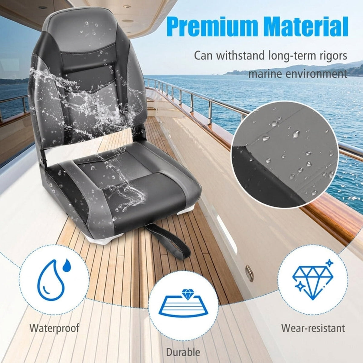 Airfind High-Back Folding Boat Seat with Thick Cushioned Padding and Waterproof Vinyl and Aluminum Hinges and Universal Mount Bracket for Fishing Pontoon and Runabout, Black