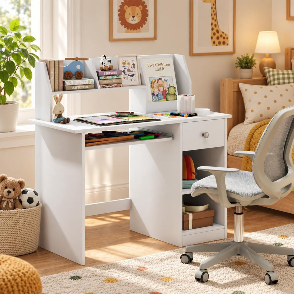 Airfind Youth Study Desk Youth Writing Table with Hutch Drawer Shelves and Keyboard Tray, 200 Lbs Capacity, Engineered Wood, White