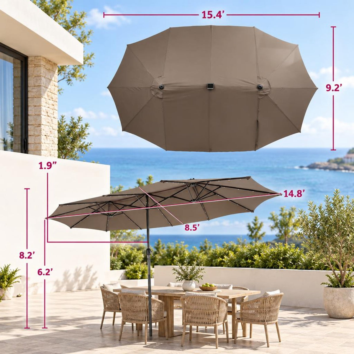 Airfind 15 Feet Twin Patio Umbrella with 48 Solar LED Lights, Steel polyester fabric Frame, 15.4 x 9.2 x 8 (L x W x H) Pole Footprint, Brown