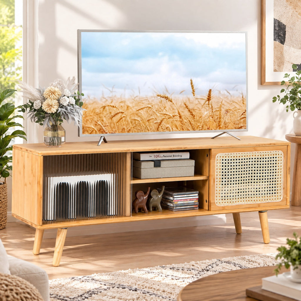Airfind Modern TV Stand with Rattan Glass Sliding Doors, Bamboo Rubber Wood Rattan Tempered Glass Frame, 47.5 x 12 x 18 Footprint, Natural