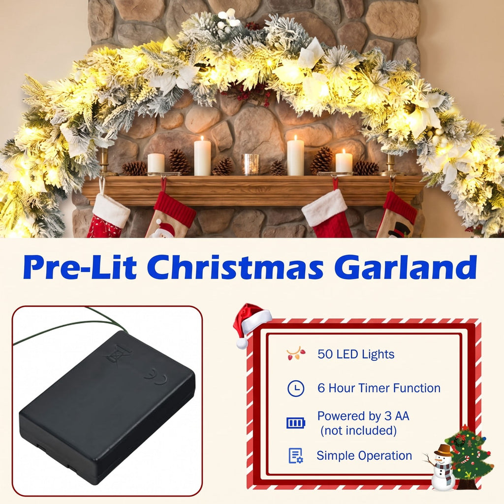 Airfind 9 Feet Pre-Lit Artificial Christmas Garland with 50 LED Lights, New PVC new PE Frame, 9 ft Footprint, White