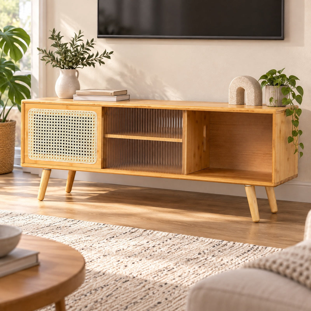 Airfind Modern TV Stand with Rattan Glass Sliding Doors, Bamboo Rubber Wood Rattan Tempered Glass Frame, 47.5 x 12 x 18 Footprint, Natural