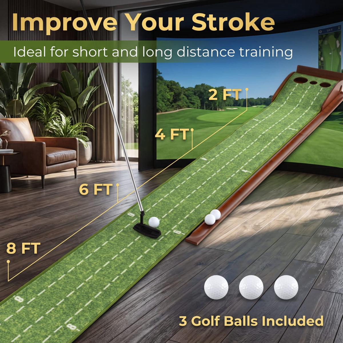 Airfind Golf Putting Mat Practice Training Aid with Auto Ball Return 3 Hole Sizes and Sloped Approach for Indoor Green, Brown