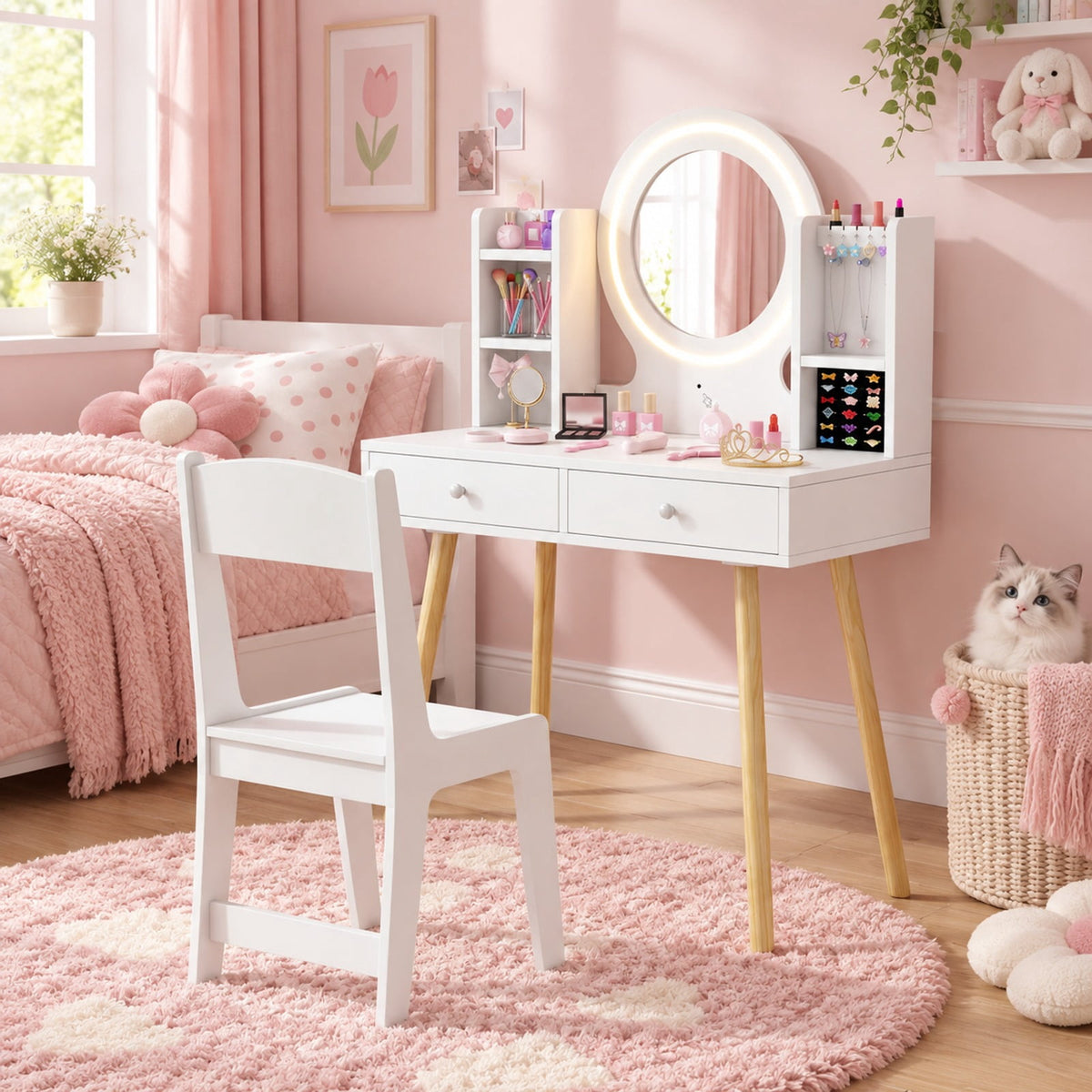 Airfind Kids Vanity Set with Lighted Mirror and Storage Drawers, 110 lbs Capacity, Engineered Wood Frame, for 3+ years old, White