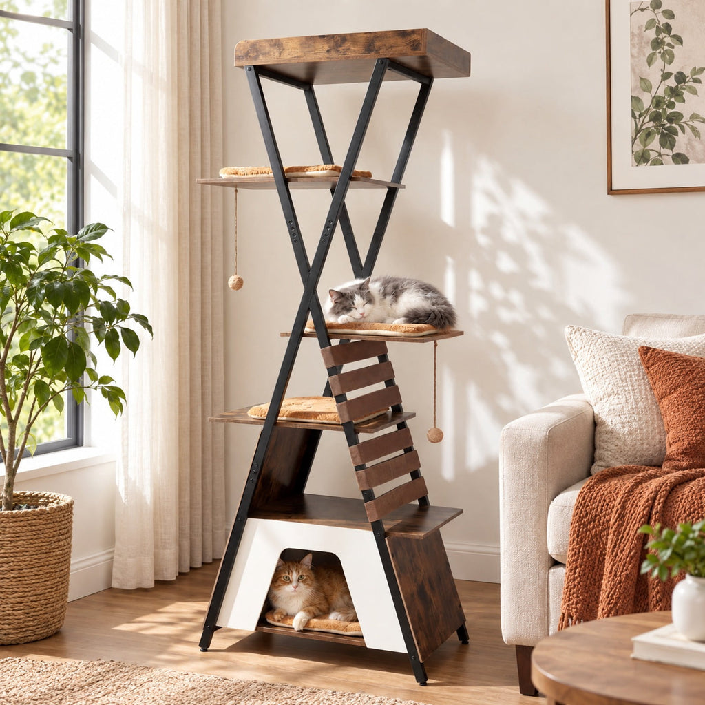 Airfind 73 Inch Multi-level Cat Tree for Indoor Cats with Elevated Perch and Large Condo, 44 lbs Capacity, Engineered Wood Frame, Brown