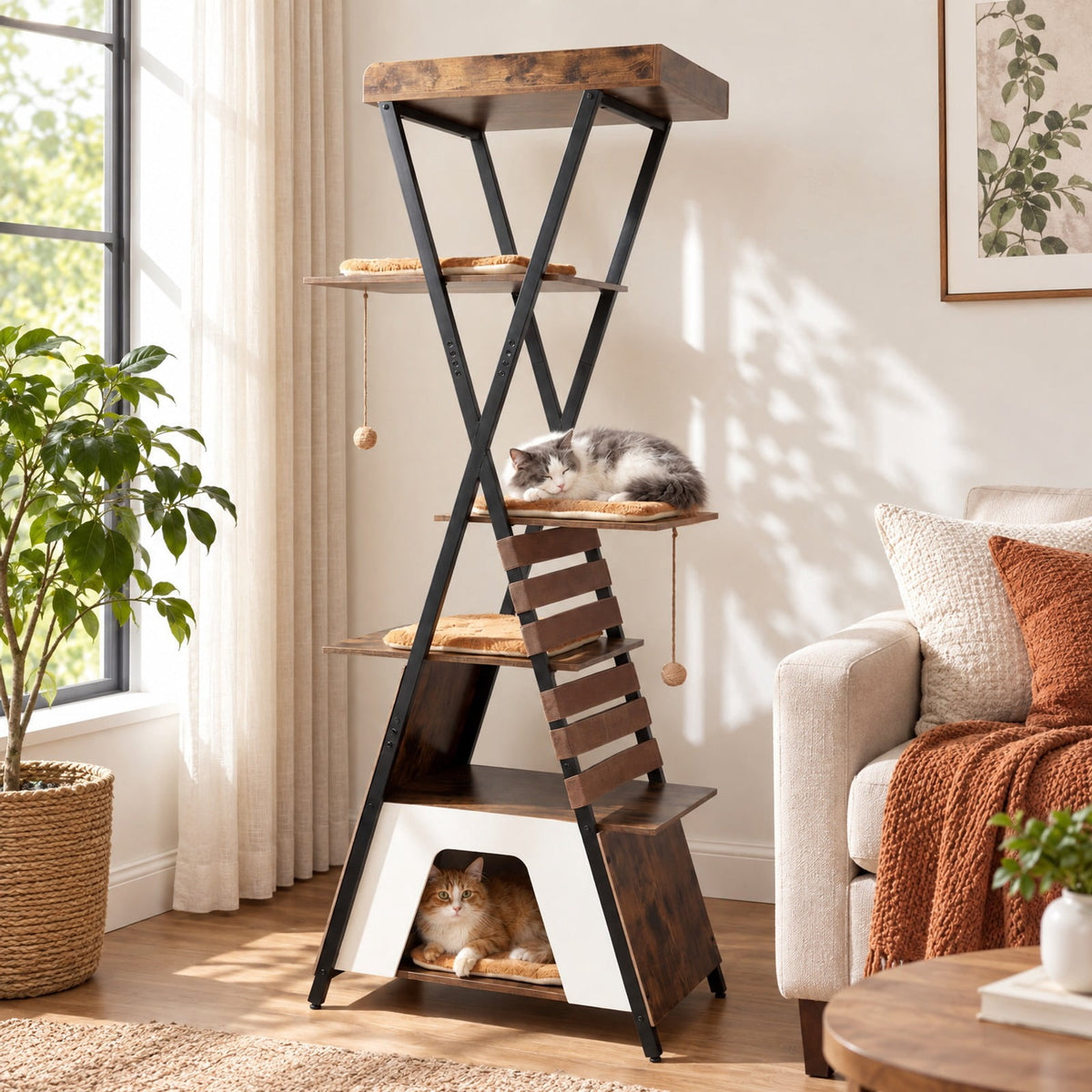 Airfind 73 Inch Multi-level Cat Tree for Indoor Cats with Elevated Perch and Large Condo, 44 lbs Capacity, Engineered Wood Frame, Brown