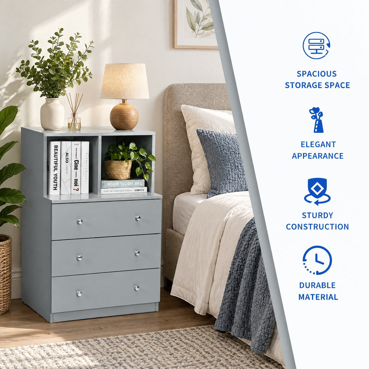 Airfind 3 Drawer Dresser with Cubbies Storage Chest for Bedroom Living Room, Engineered wood metal Frame, 24in x 16in x 37in Footprint, Gray