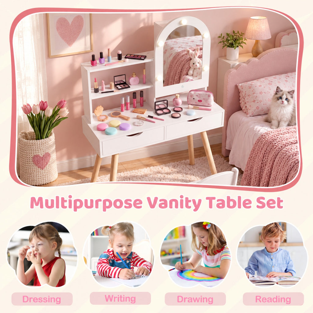 Airfind Kids Vanity Set Pretend Play Dressing Table Set with 3-Color Lighting Modes and Mirror Cabinet, 44 lbs Capacity, MDF Frame, White