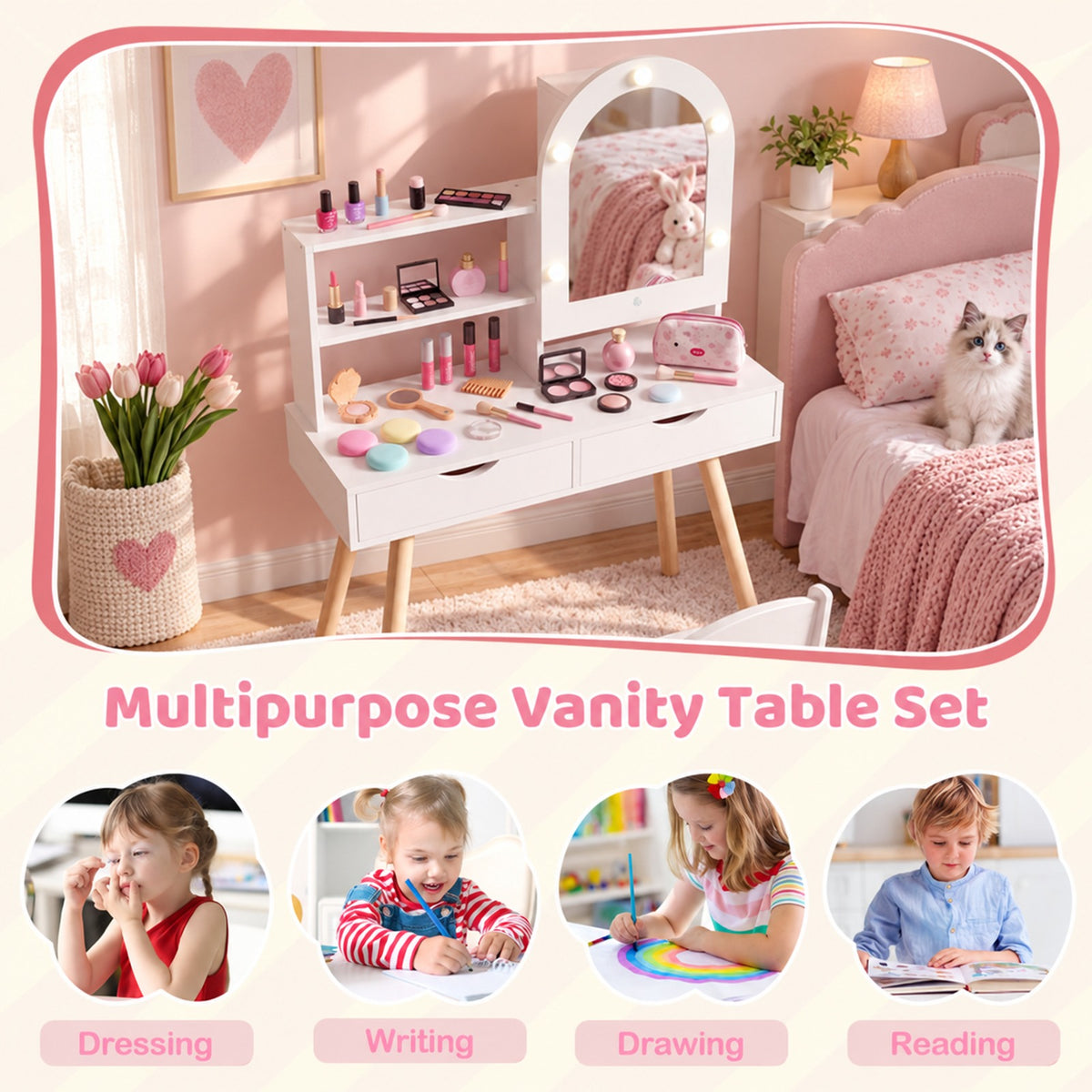 Airfind Kids Vanity Set Pretend Play Dressing Table Set with 3-Color Lighting Modes and Mirror Cabinet, 44 lbs Capacity, MDF Frame, White
