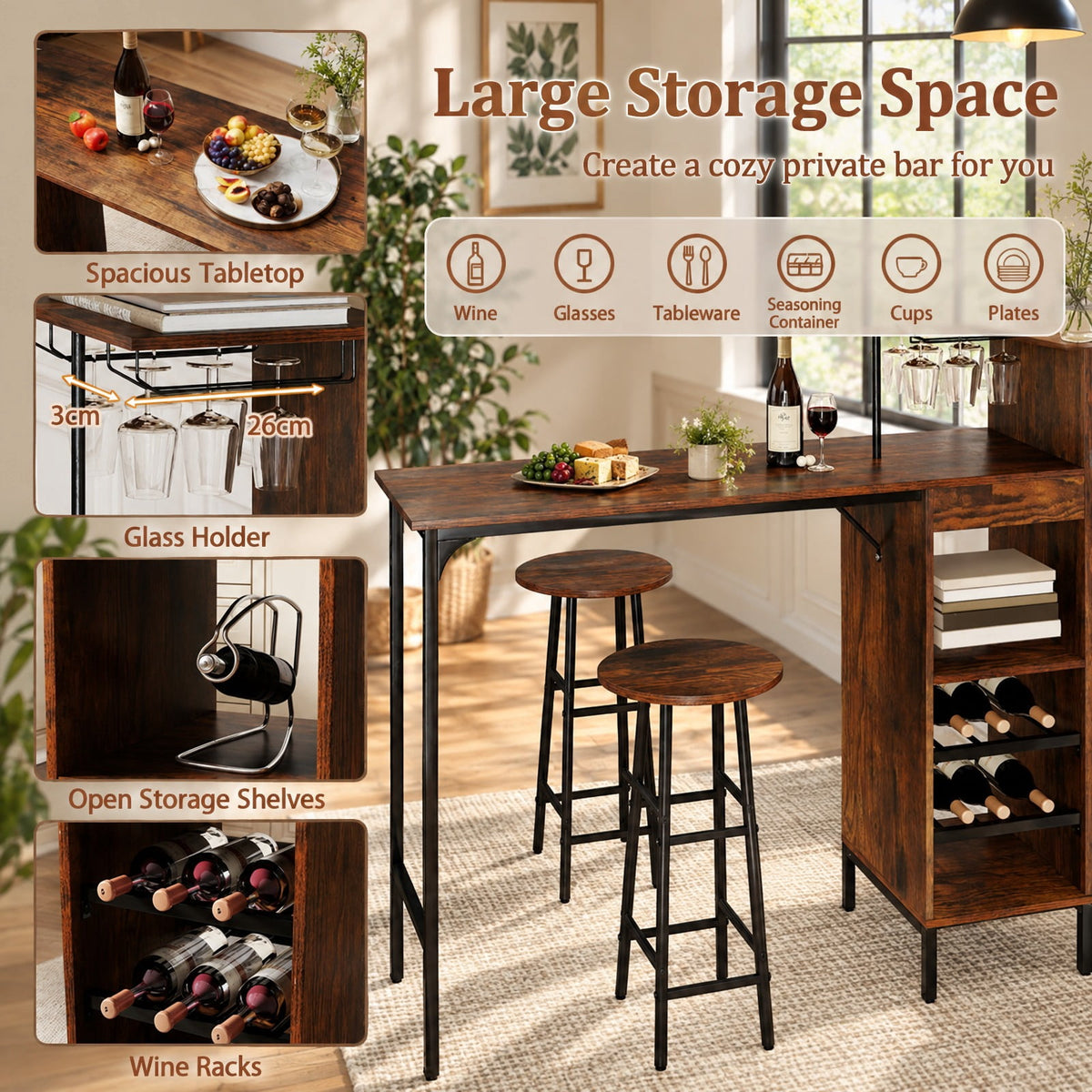 Airfind 3 Piece Bar Table and Chairs Set with 6-Bottle Wine Rack, MDF Metal, 48 Inch X 15.5 Inch X 48 Inch for Convenient Everyday Use, Brown