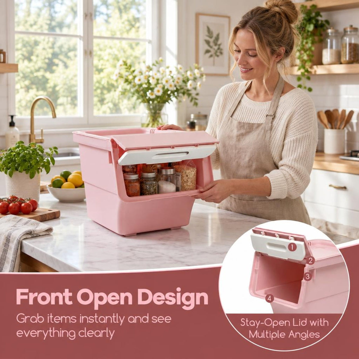Airfind 3 Pieces Storage Bins on Wheels Stackable Plastic Boxes with Stay-Open Lid (S), 13 lbs Capacity, PP Frame, Pink