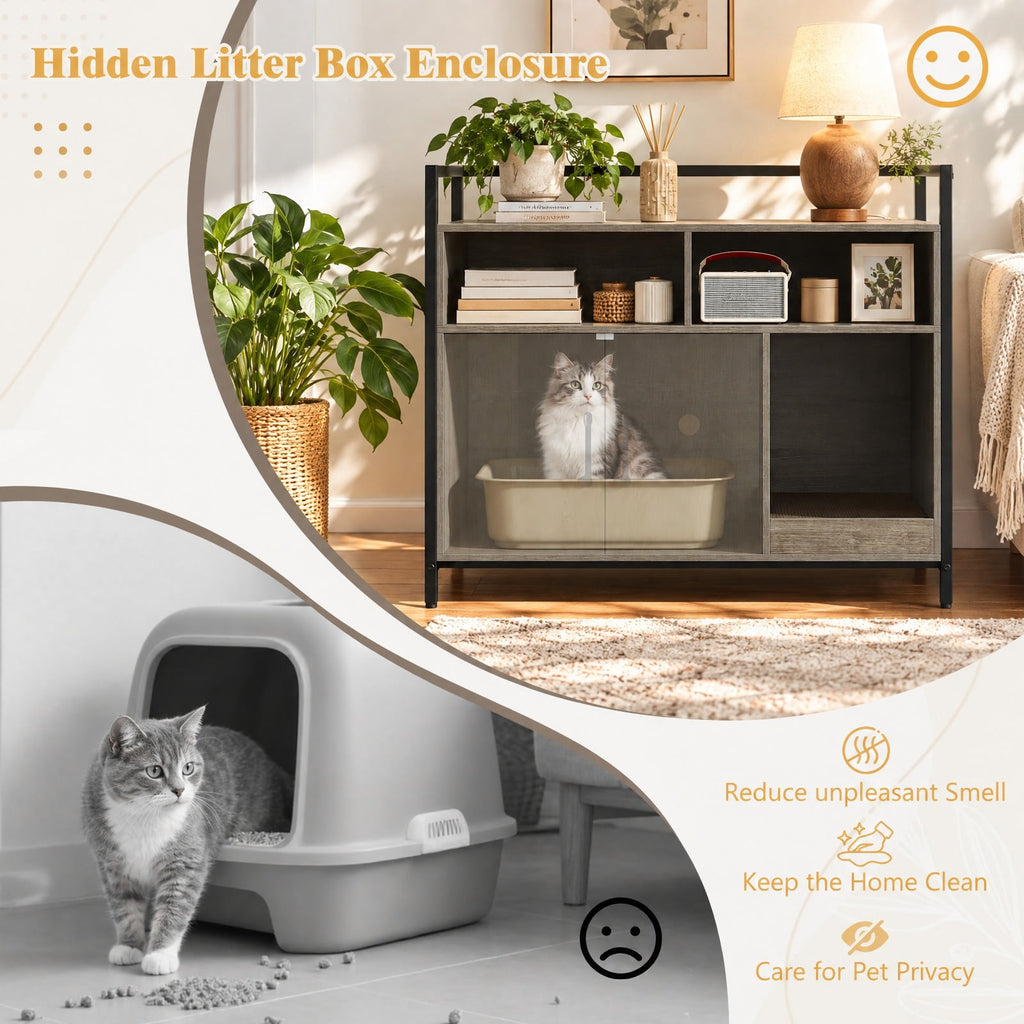 Airfind Hidden Cat Washroom with Double Doors and Scratch Cardboard, MDF Metal Frame, 35 x 17.5 x 29.5 Compartment Footprint, Oak