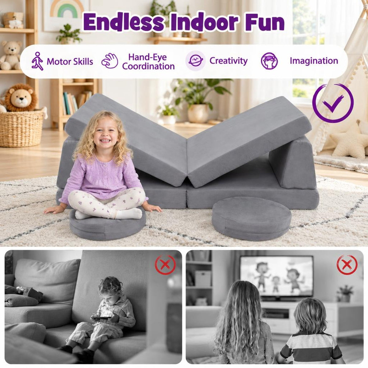 Airfind 6 Pieces Modular Kids Play Couch Set with Washable Covers for Living Room Playroom, 50.5 x 28.5 x 9Circular Block Footprint