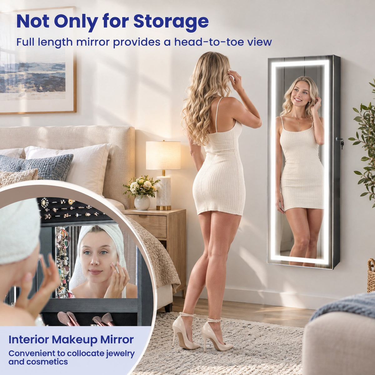 Airfind Mirrored Jewelry Armoire featuring Full Length Mirror and 2 Internal LED Lights, MDF Frame, 15.5 Inch x 5 Inch x 47 Inch (L x W x H) Hook Footprint, Black