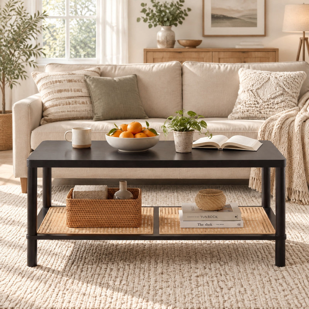 Airfind 2-Tier Boho Coffee Table for Living Room Rectangular Center Table with Rubber Wood Frame and PVC Rattan Storage Shelf, 185 lbs Capacity