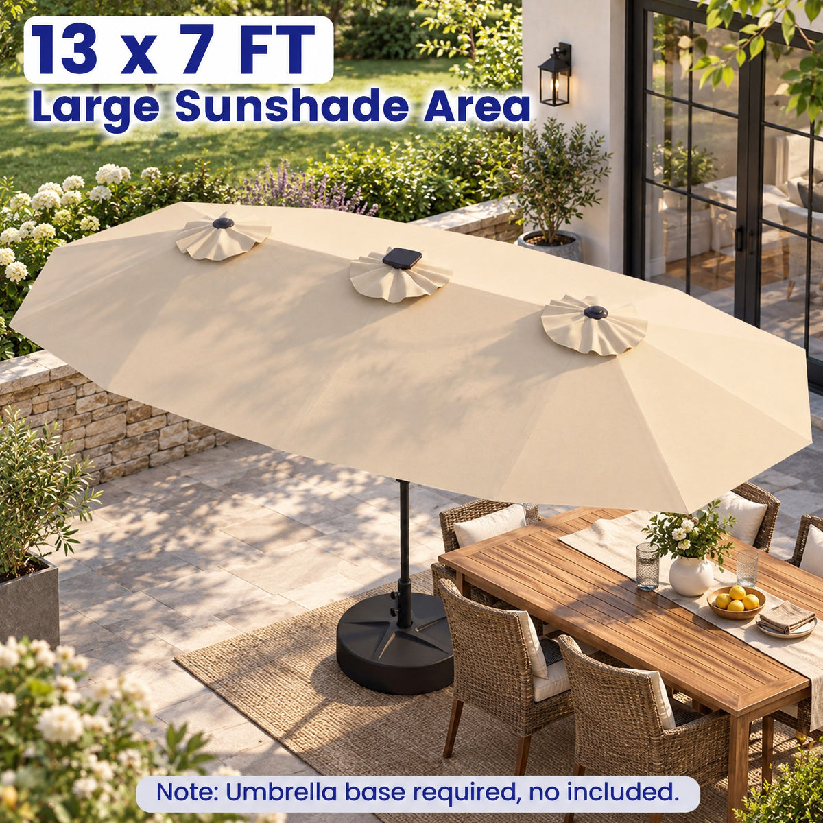 Airfind 13 FT Double-Sided Patio Umbrella with Color-Changing Flowing Solar LED Lights, Polyester Fabric Metal Frame, 13 x 7 ft Footprint, Beige